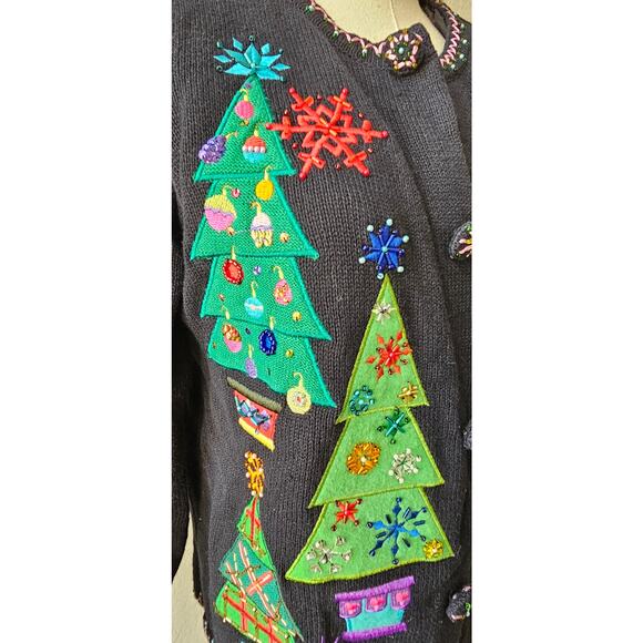 Vintage Christmas‎ Trees Cardigan Sweater 3D Jeweled Embroidered Applique Small - Picture 2 of 12